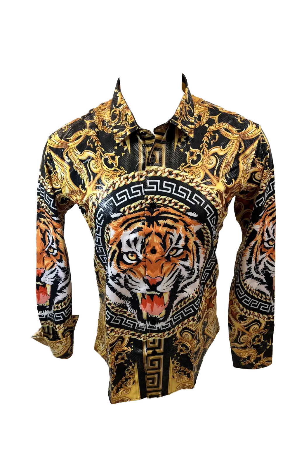 Men's Long Sleeve Button Down Dress Shirt Roar Tiger Black Gold Colorful