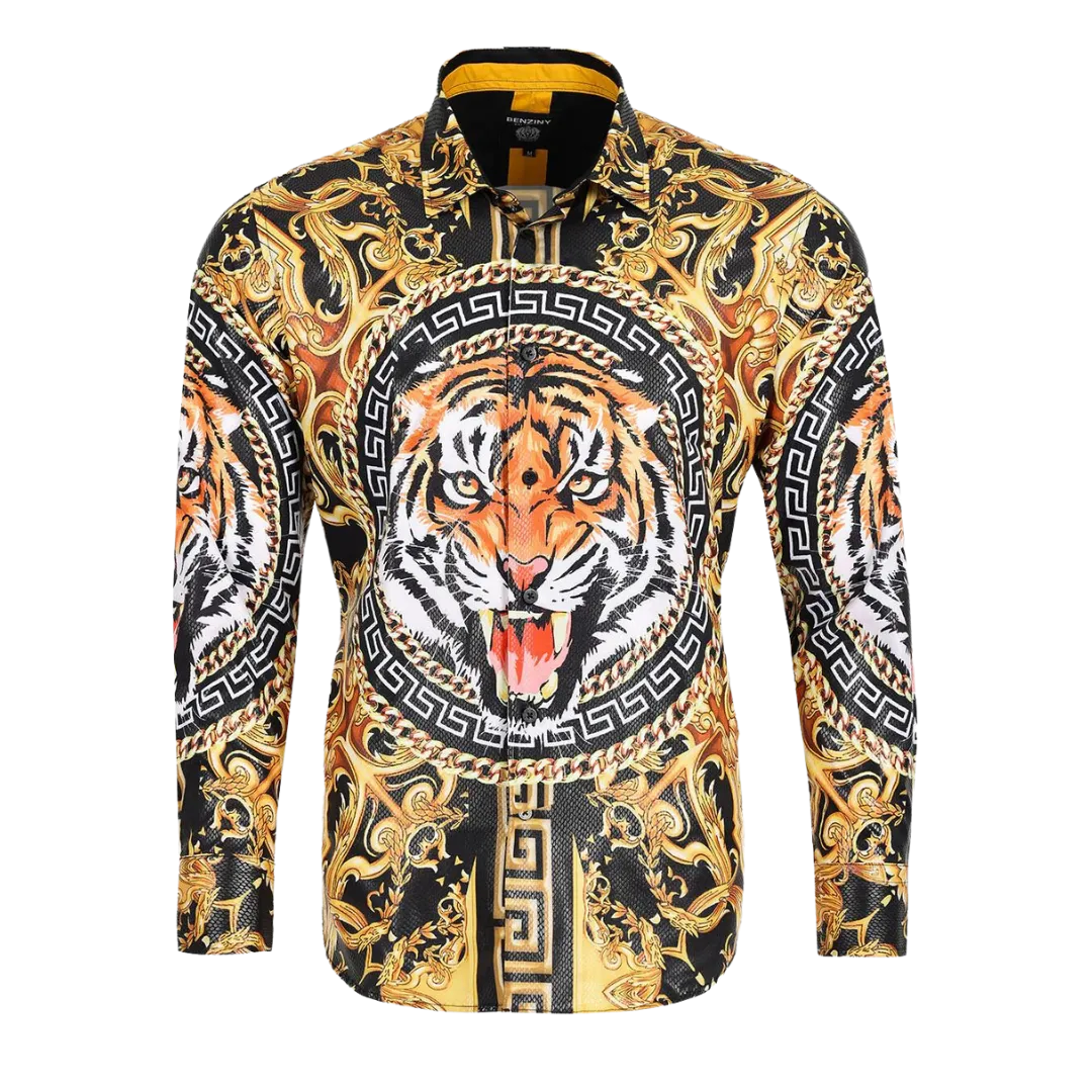 Men's Long Sleeve Button Down Dress Shirt Roar Tiger Black Gold Colorful