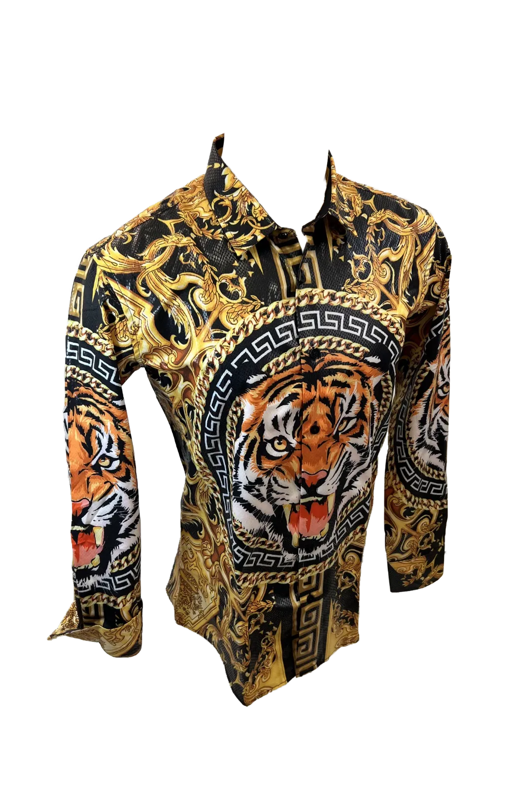 Men's Long Sleeve Button Down Dress Shirt Roar Tiger Black Gold Colorful