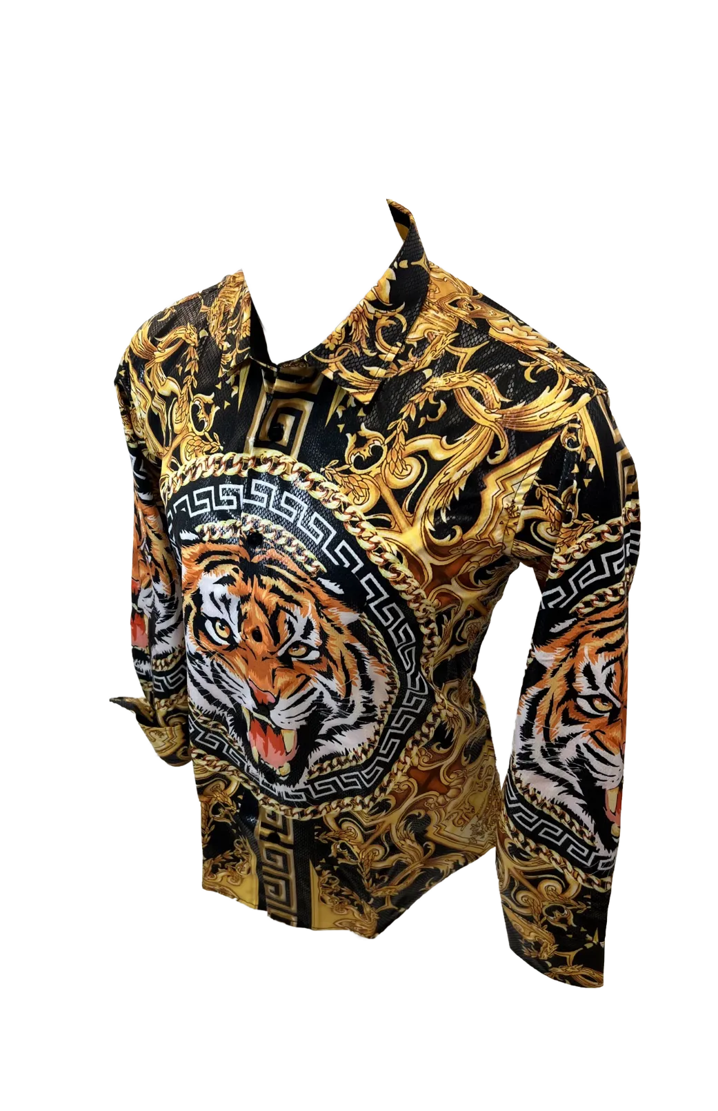 Men's Long Sleeve Button Down Dress Shirt Roar Tiger Black Gold Colorful