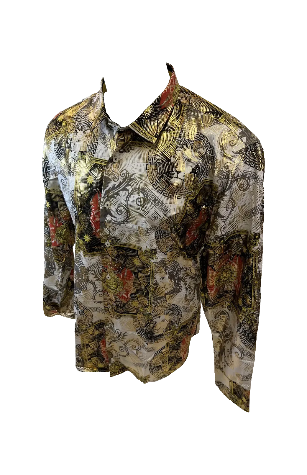 Men's Long Sleeve Button Down Dress Shirt Roar Tiger White Black Red Gold Lion Collage