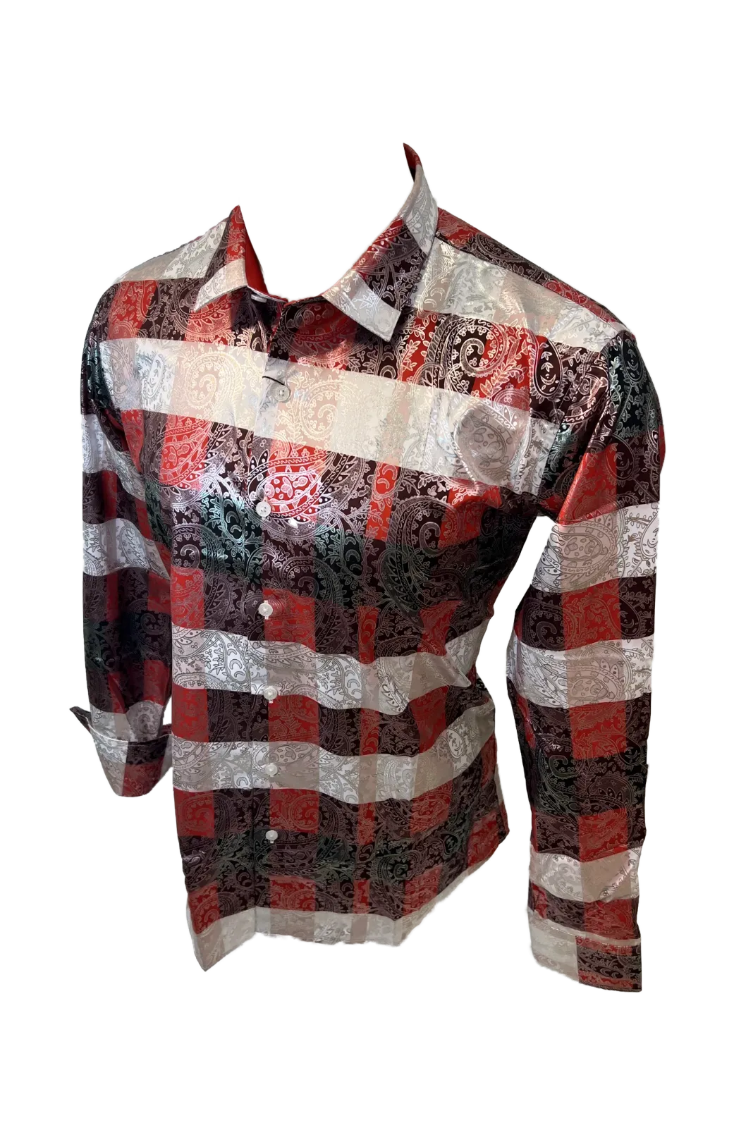 Men's Long Sleeve Button Down Dress Shirt Silky Red White Black Silver Paisley All Over Print