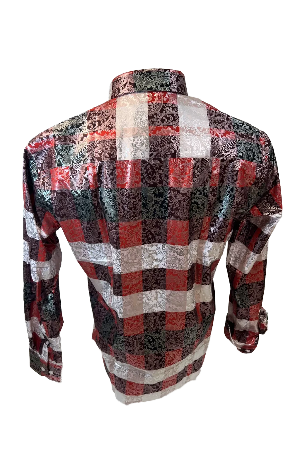 Men's Long Sleeve Button Down Dress Shirt Silky Red White Black Silver Paisley All Over Print