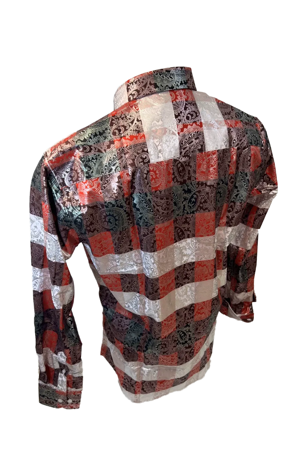Men's Long Sleeve Button Down Dress Shirt Silky Red White Black Silver Paisley All Over Print