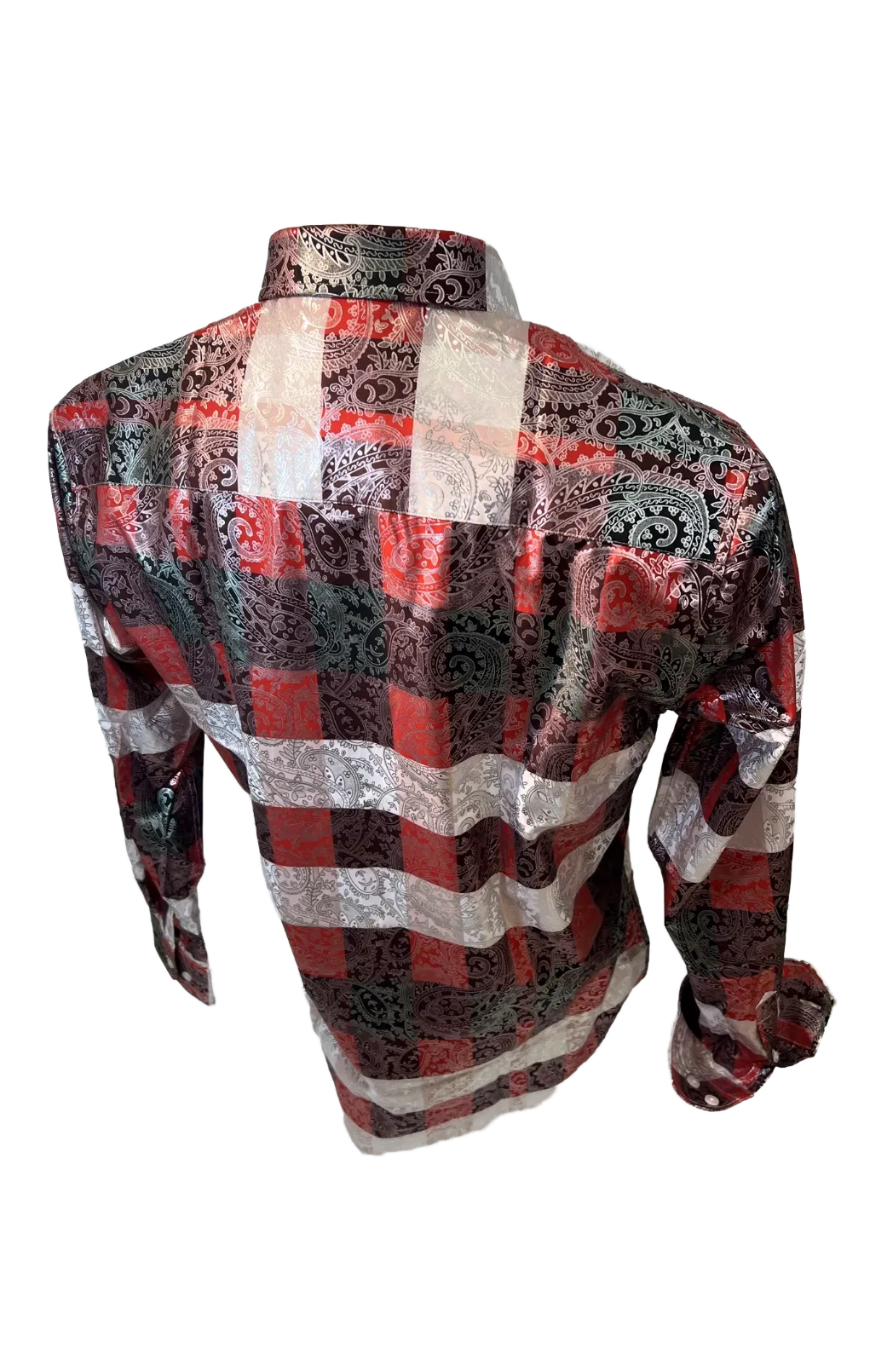Men's Long Sleeve Button Down Dress Shirt Silky Red White Black Silver Paisley All Over Print