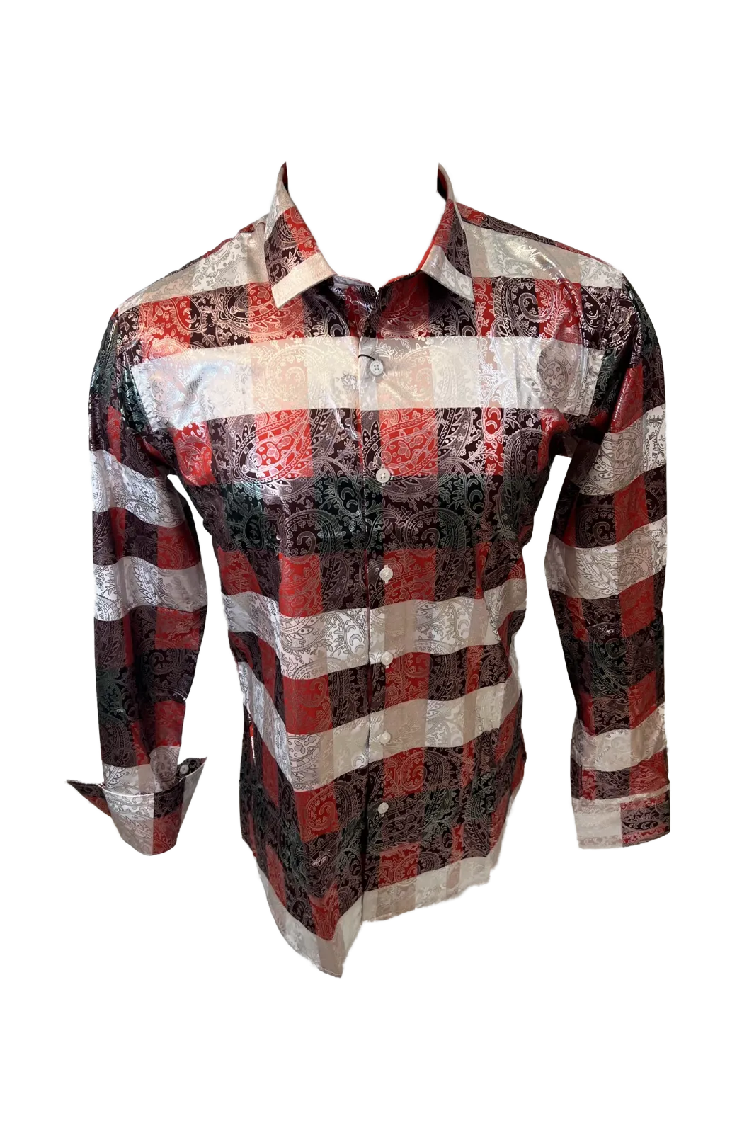 Men's Long Sleeve Button Down Dress Shirt Silky Red White Black Silver Paisley All Over Print