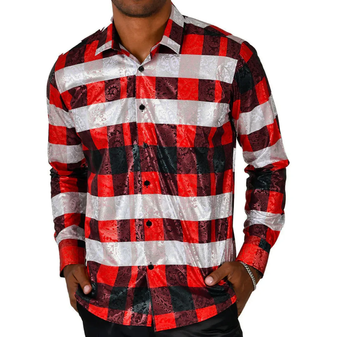 Men's Long Sleeve Button Down Dress Shirt Silky Red White Black Silver Paisley All Over Print