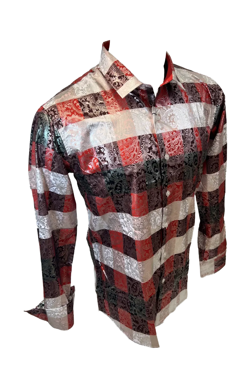 Men's Long Sleeve Button Down Dress Shirt Silky Red White Black Silver Paisley All Over Print