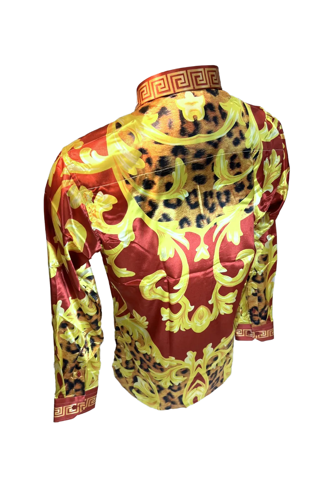 Men's Silky Long Sleeve Button Down Dress Shirt Red Gold Leaf Leopard Print