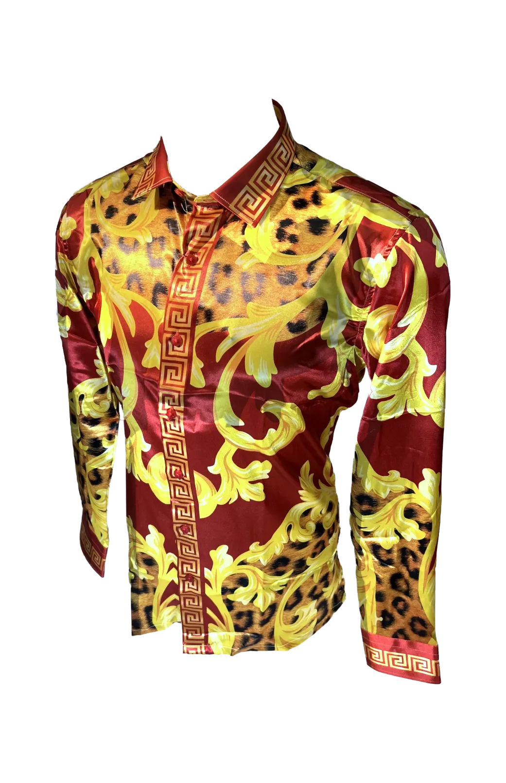 Men's Silky Long Sleeve Button Down Dress Shirt Red Gold Leaf Leopard Print
