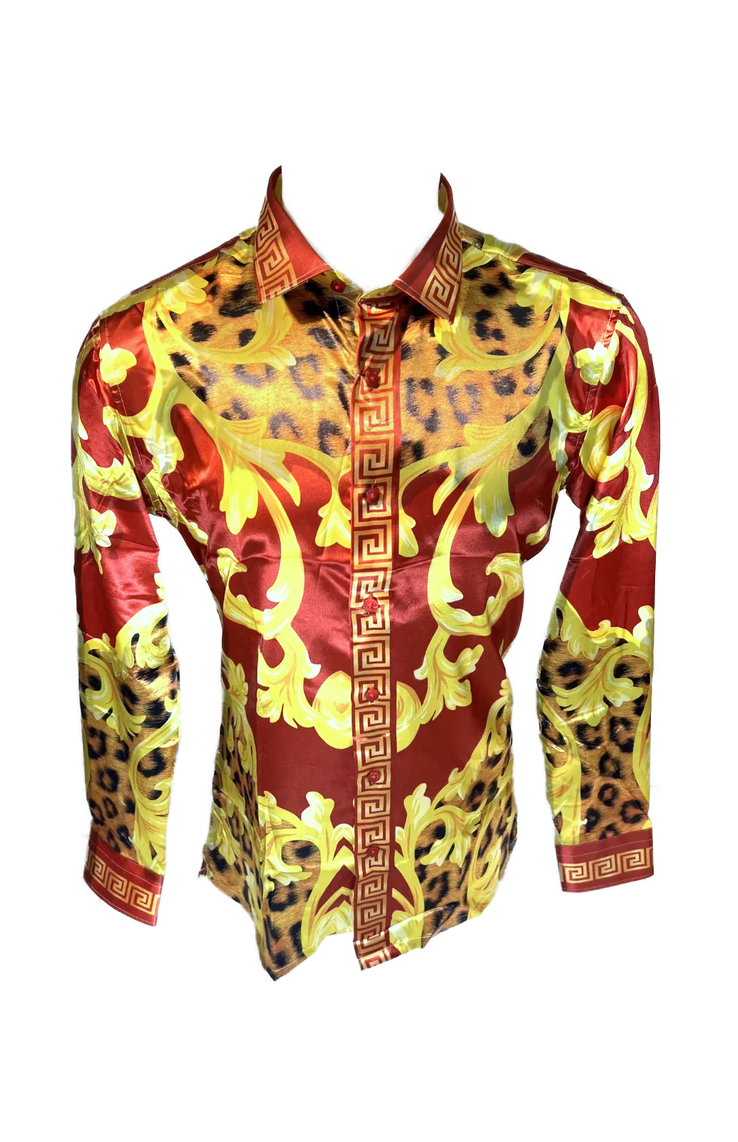 Men's Silky Long Sleeve Button Down Dress Shirt Red Gold Leaf Leopard Print