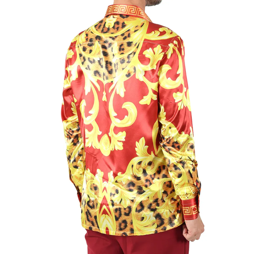 Men's Silky Long Sleeve Button Down Dress Shirt Red Gold Leaf Leopard Print
