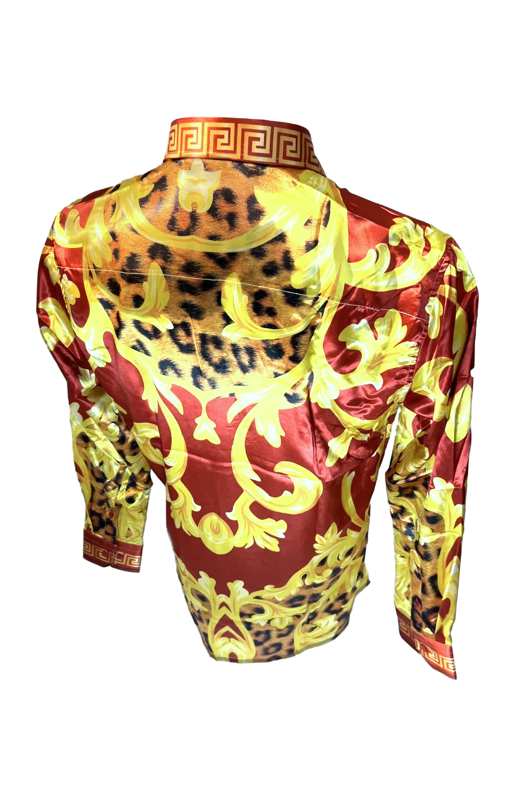 Men's Silky Long Sleeve Button Down Dress Shirt Red Gold Leaf Leopard Print