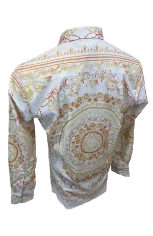 Men's Silky Long Sleeve Button Down Dress Shirt White Gold Colorful Floral Leaf Tribal Chain
