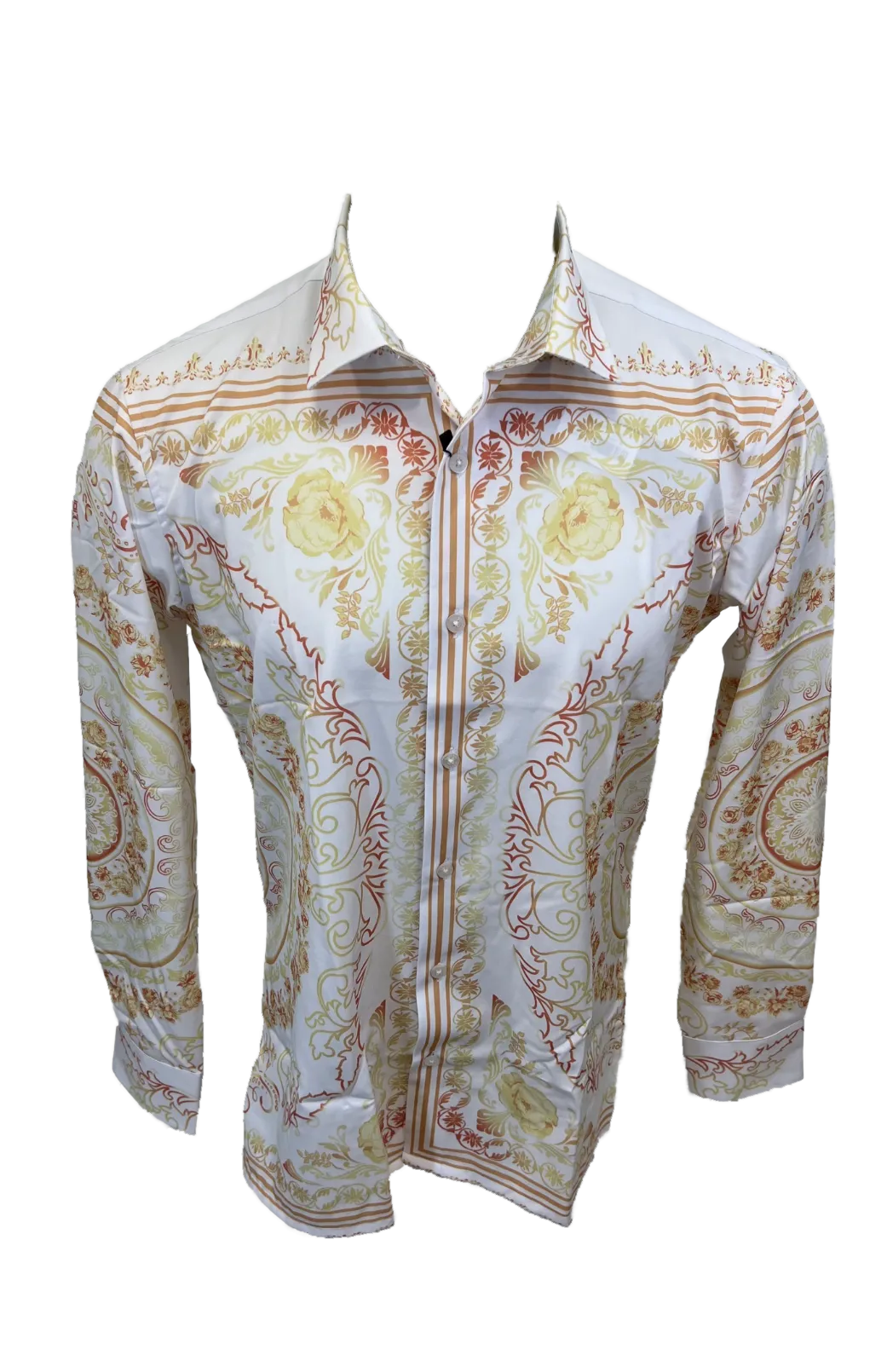 Men's Silky Long Sleeve Button Down Dress Shirt White Gold Colorful Floral Leaf Tribal Chain
