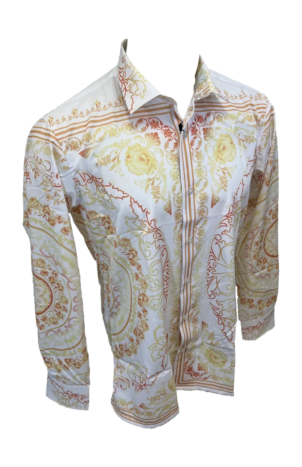 Men's Silky Long Sleeve Button Down Dress Shirt White Gold Colorful Floral Leaf Tribal Chain