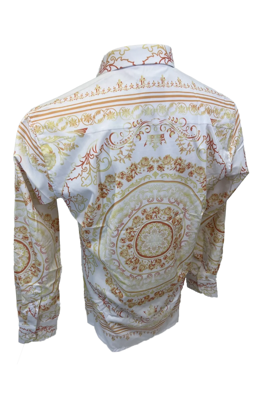 Men's Silky Long Sleeve Button Down Dress Shirt White Gold Colorful Floral Leaf Tribal Chain