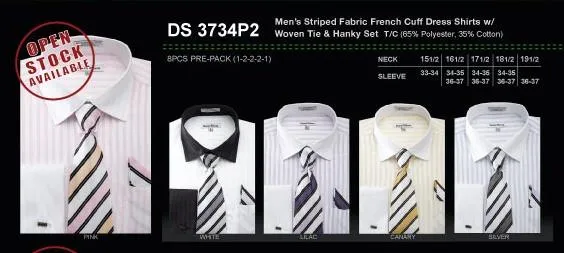 Men's Striped French Cuff Shirts with Tie and Hanky