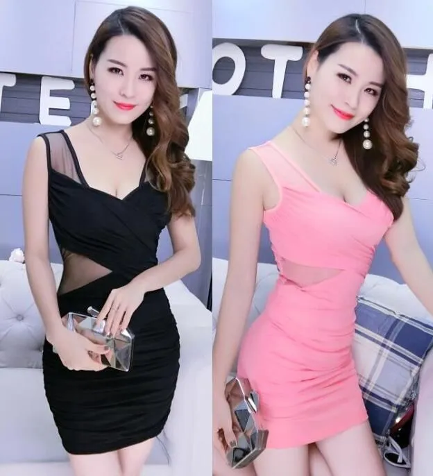 Nightclubs Mesh Translucent V-Neck Bare Back Cross Stretchable Pencil Dress Formal Dress