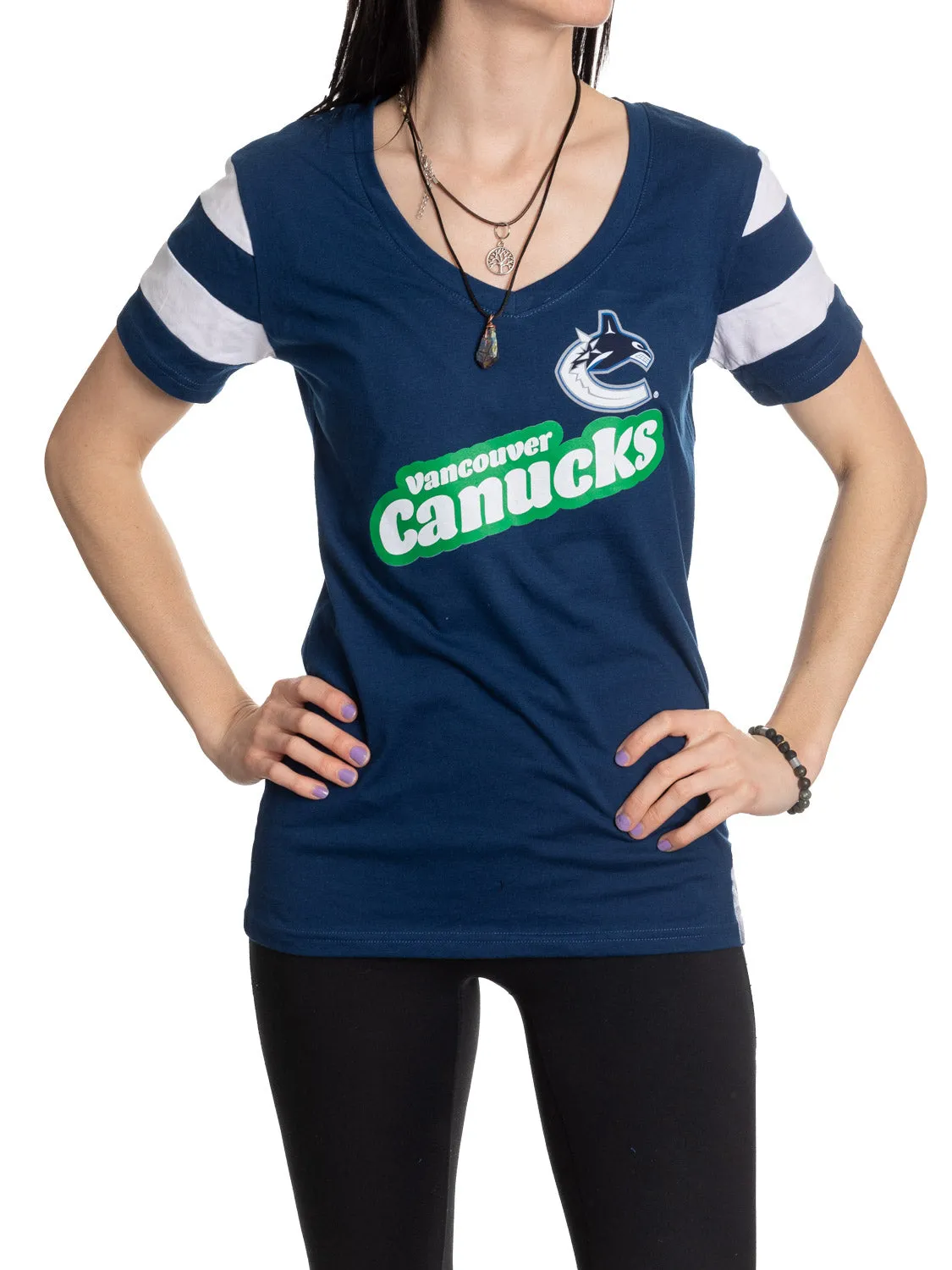 Official Licensed NHL Ladies' Retro Varsity Short Sleeve Vneck Tshirt--Vancouver Canucks