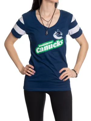 Official Licensed NHL Ladies' Retro Varsity Short Sleeve Vneck Tshirt--Vancouver Canucks