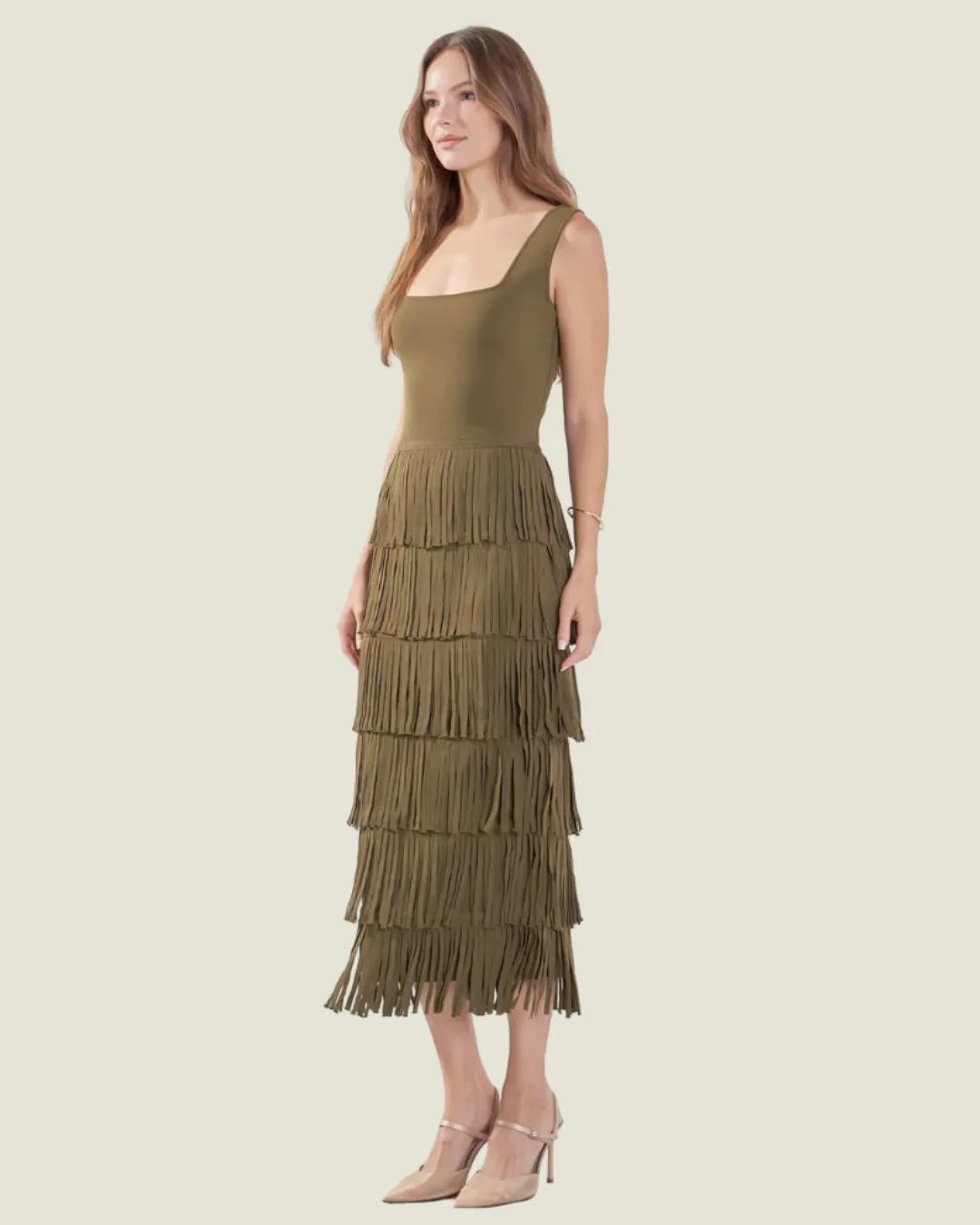 Olive Knit Fringe Midi Dress