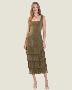 Olive Knit Fringe Midi Dress