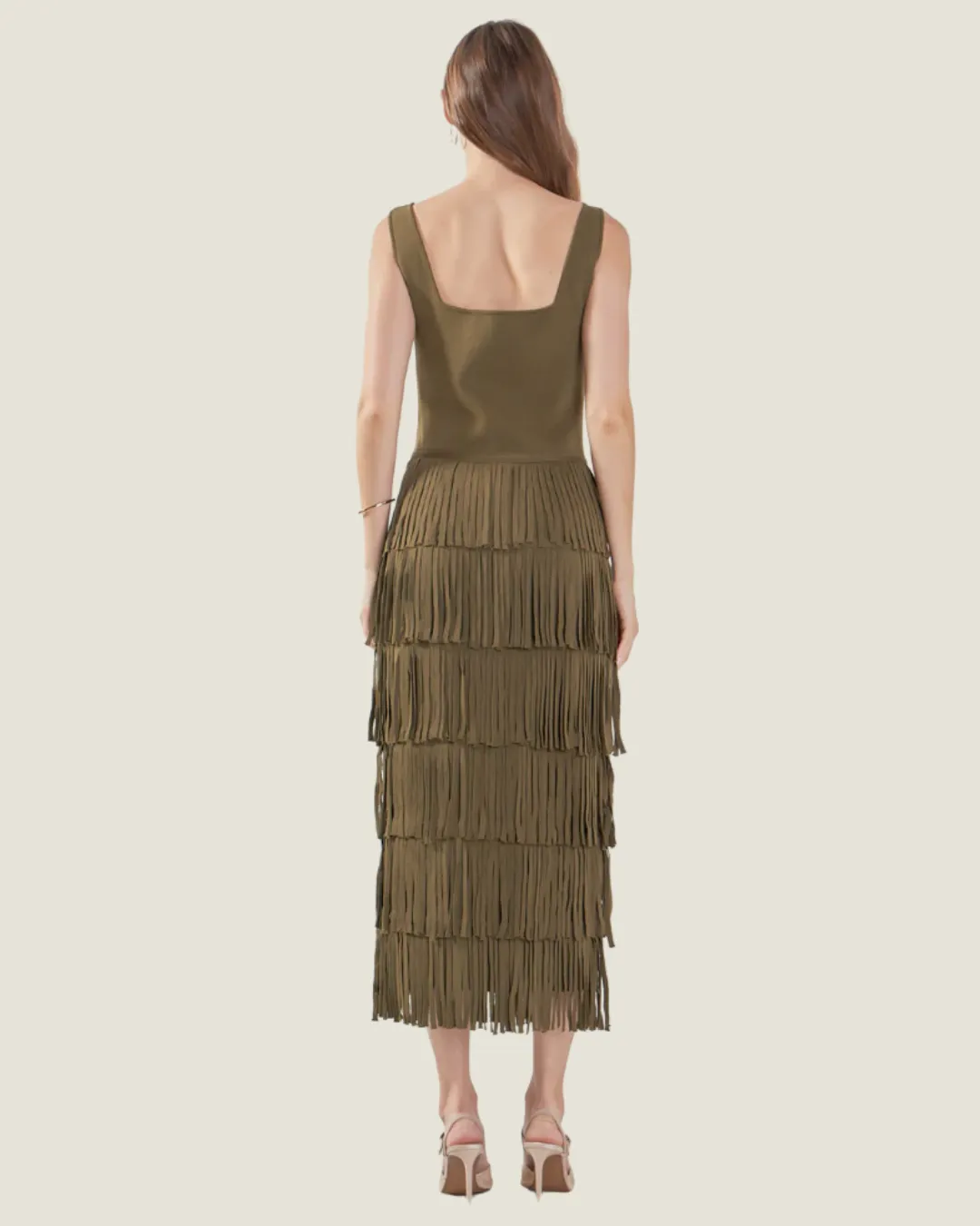 Olive Knit Fringe Midi Dress