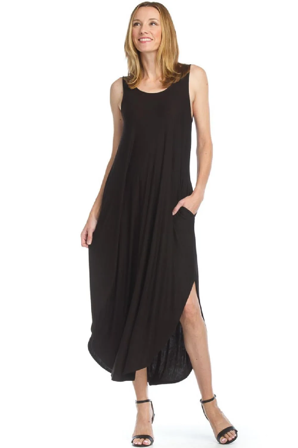 Papillon Soft Stretch Maxi Dress with Crossback & Pockets, Black (PD-12663)