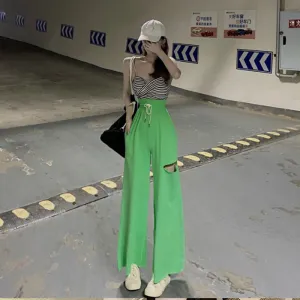 Personality Ripped Loose Drape Wide Leg Pants Women High Waist Slim Look Straight Casual Long Pants