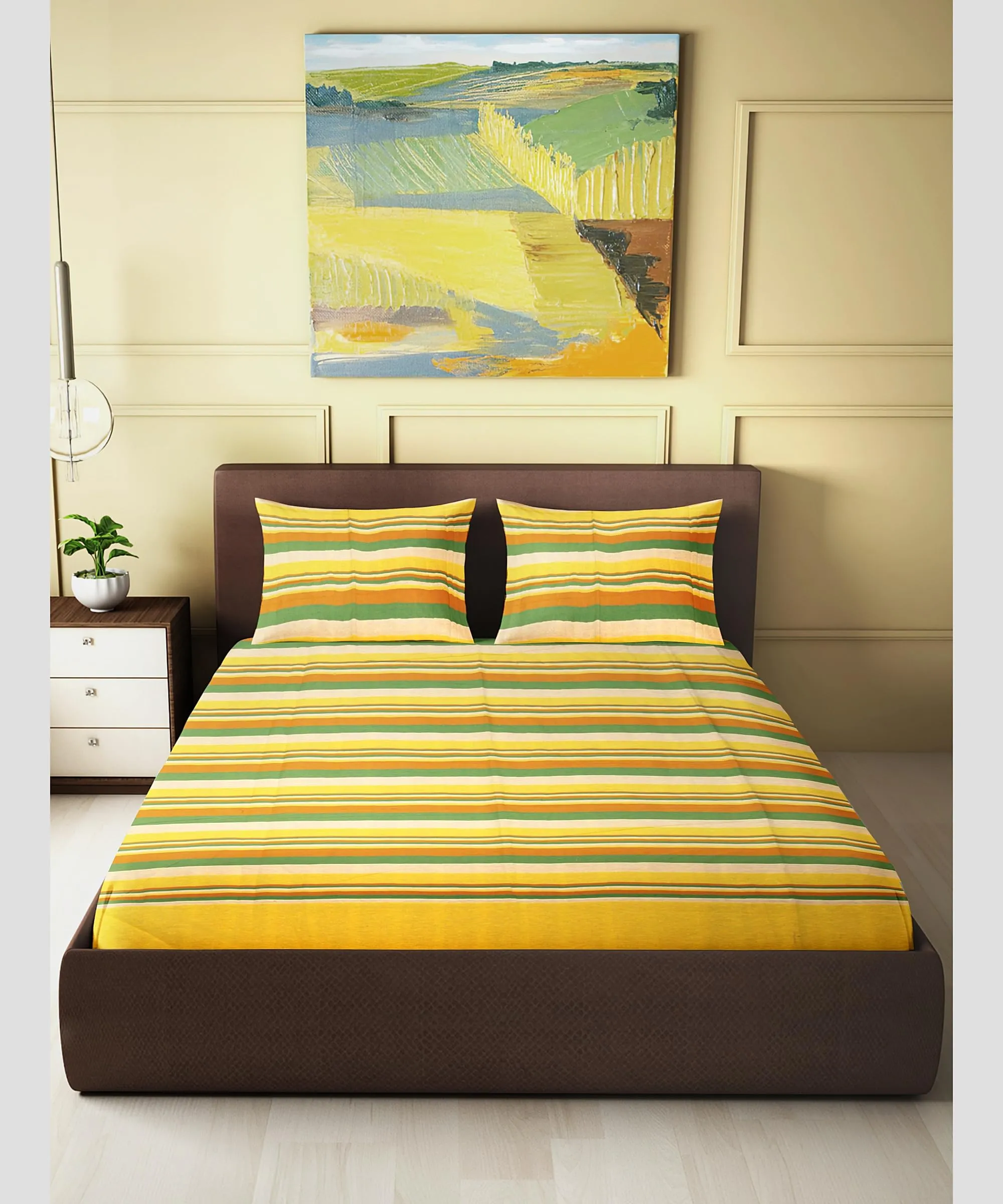 Saras Aajeevika|Handmade Cotton Single Bed Sheet|Yellow Green Line|310 GSM|Hand Block Print|Luxury Soft Sheets|90x60 inches|Yellow Green Line|0.668 Grm