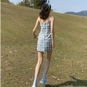 Summer Korean Chequered Strap Skirt Women Dress A-Line Dress