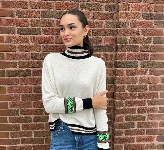 Tricot Chic - Neon Striped Sleeve Turtleneck in Cream and Black