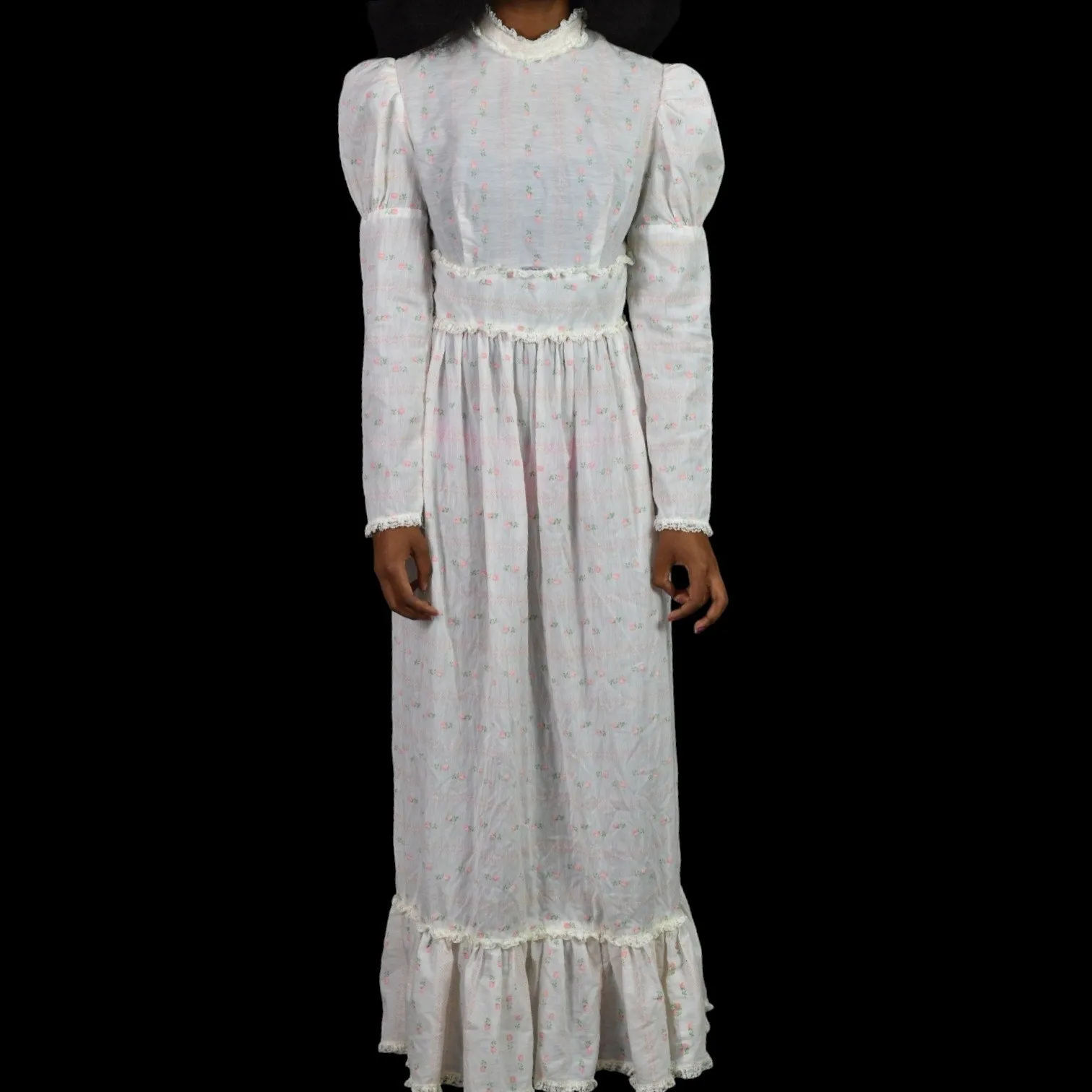 Vintage Vicky Vaughn Prairie Dress White Maxi Pastel Print High Collar Embroidered Long Gigot Puff Sleeves Size XXS