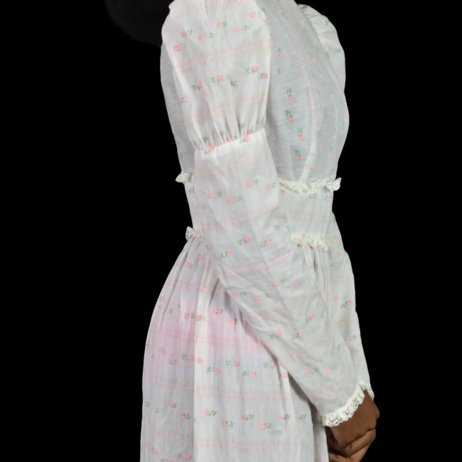 Vintage Vicky Vaughn Prairie Dress White Maxi Pastel Print High Collar Embroidered Long Gigot Puff Sleeves Size XXS