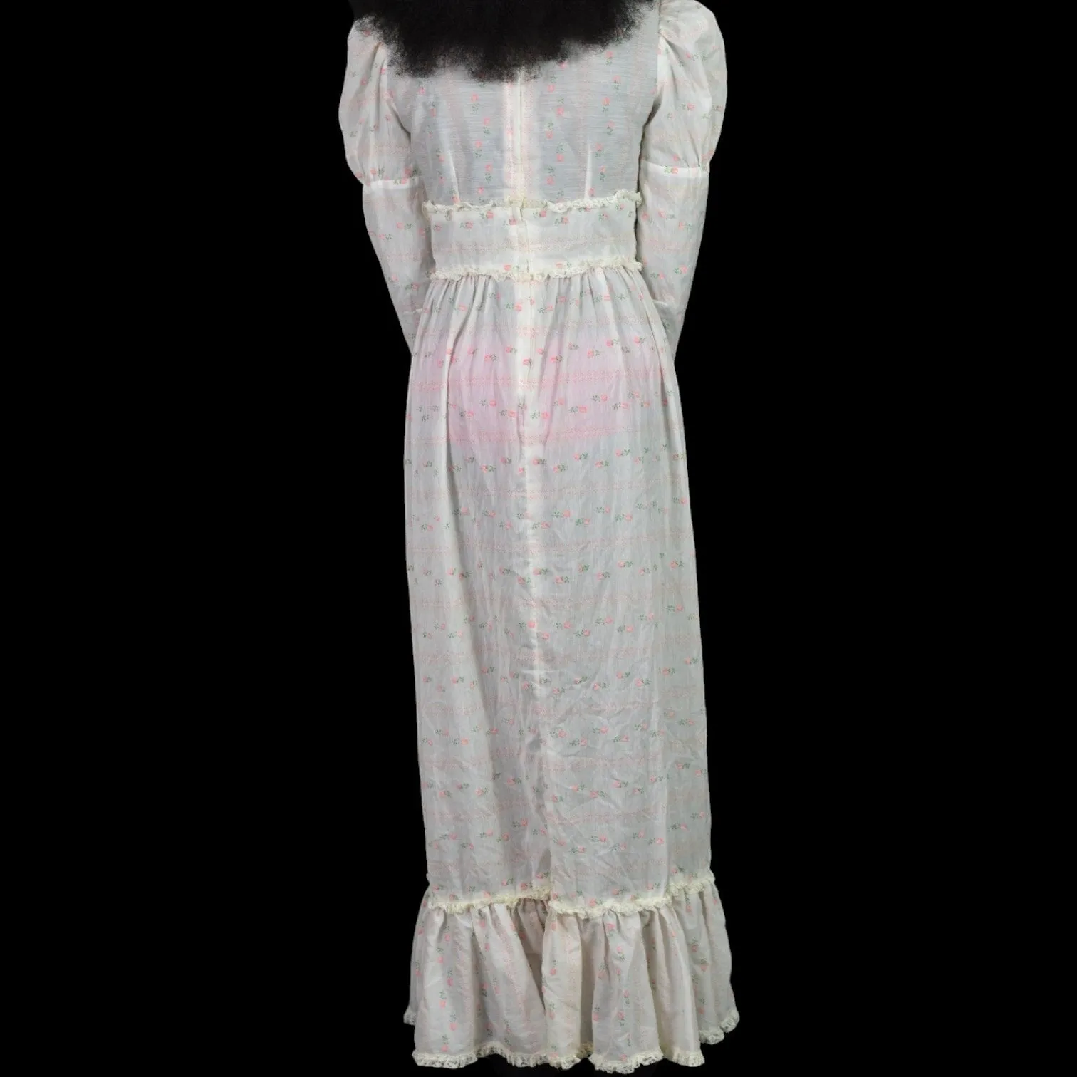 Vintage Vicky Vaughn Prairie Dress White Maxi Pastel Print High Collar Embroidered Long Gigot Puff Sleeves Size XXS