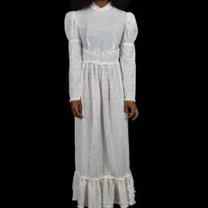 Vintage Vicky Vaughn Prairie Dress White Maxi Pastel Print High Collar Embroidered Long Gigot Puff Sleeves Size XXS