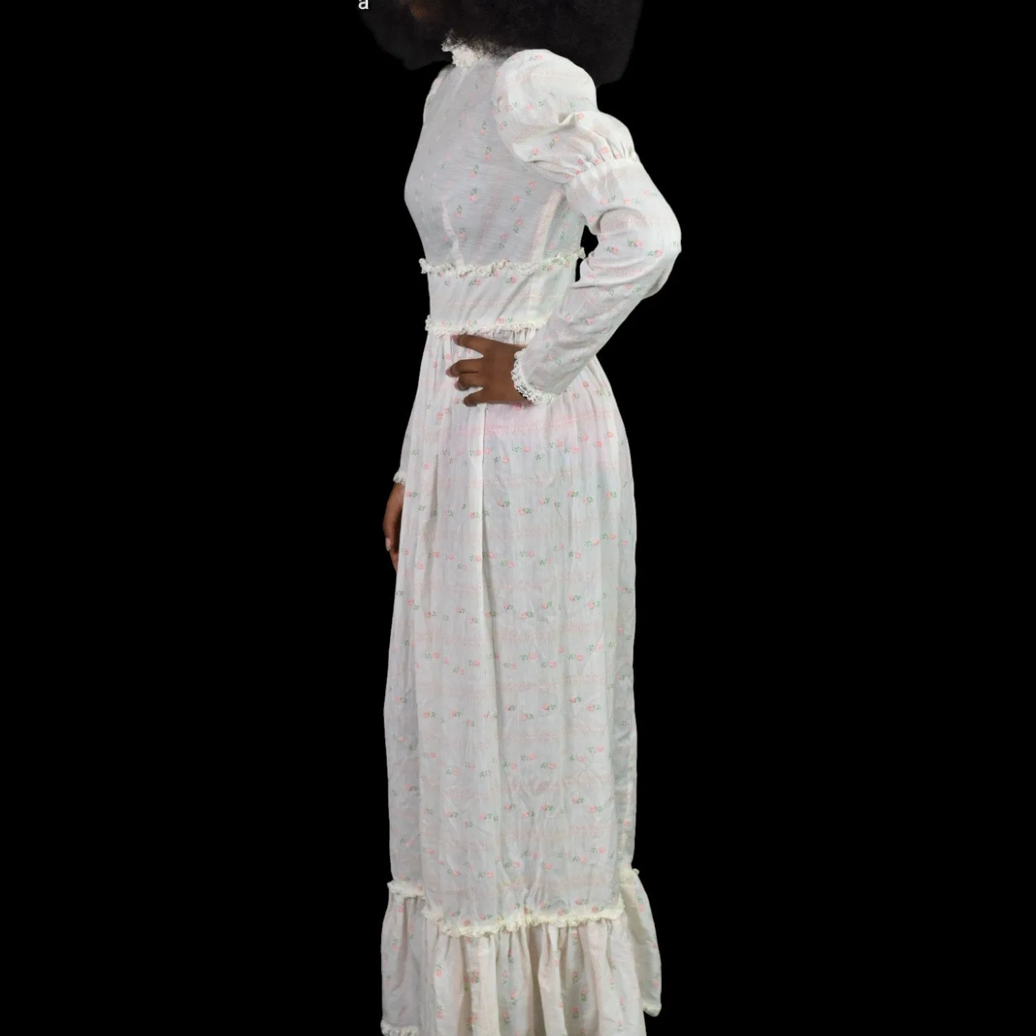 Vintage Vicky Vaughn Prairie Dress White Maxi Pastel Print High Collar Embroidered Long Gigot Puff Sleeves Size XXS