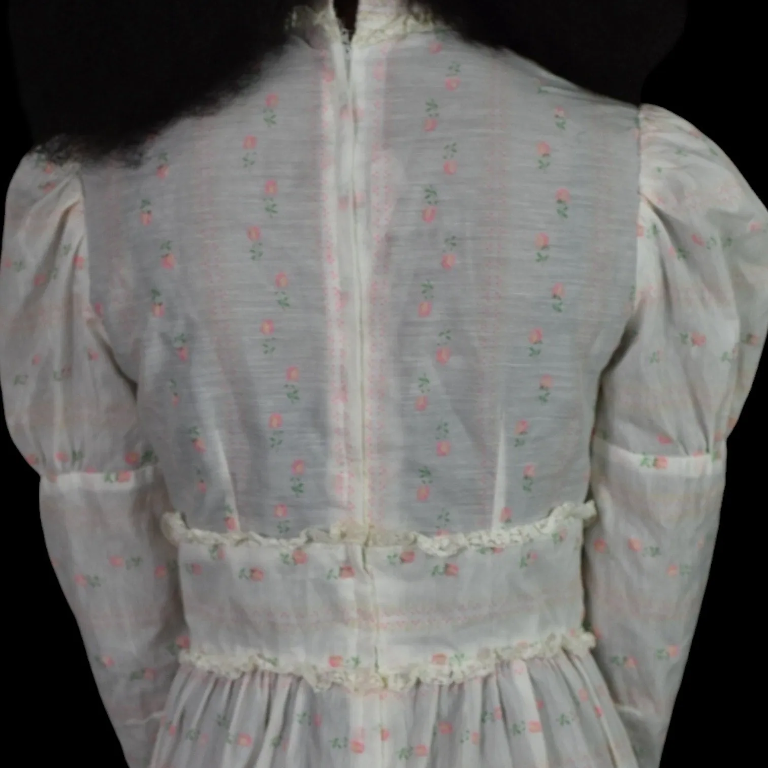 Vintage Vicky Vaughn Prairie Dress White Maxi Pastel Print High Collar Embroidered Long Gigot Puff Sleeves Size XXS