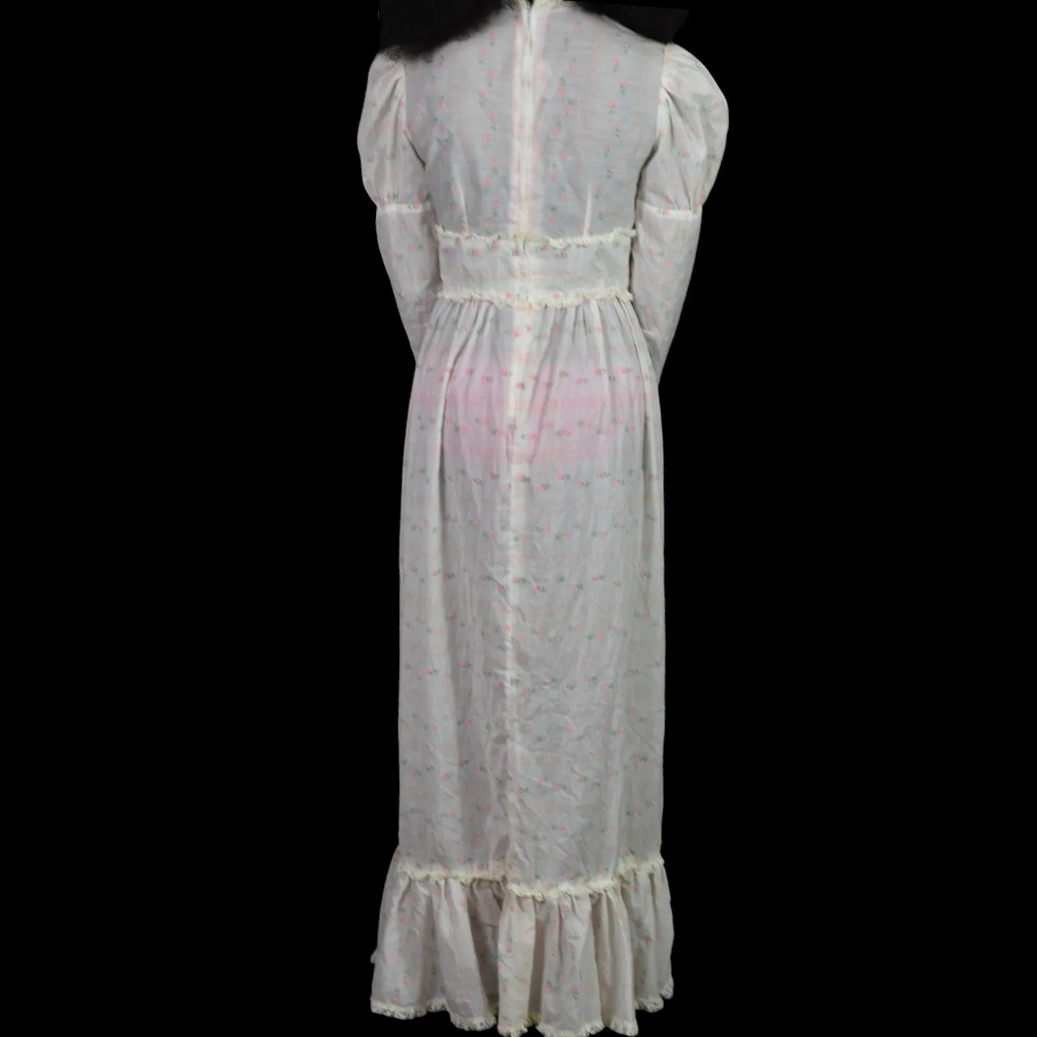 Vintage Vicky Vaughn Prairie Dress White Maxi Pastel Print High Collar Embroidered Long Gigot Puff Sleeves Size XXS