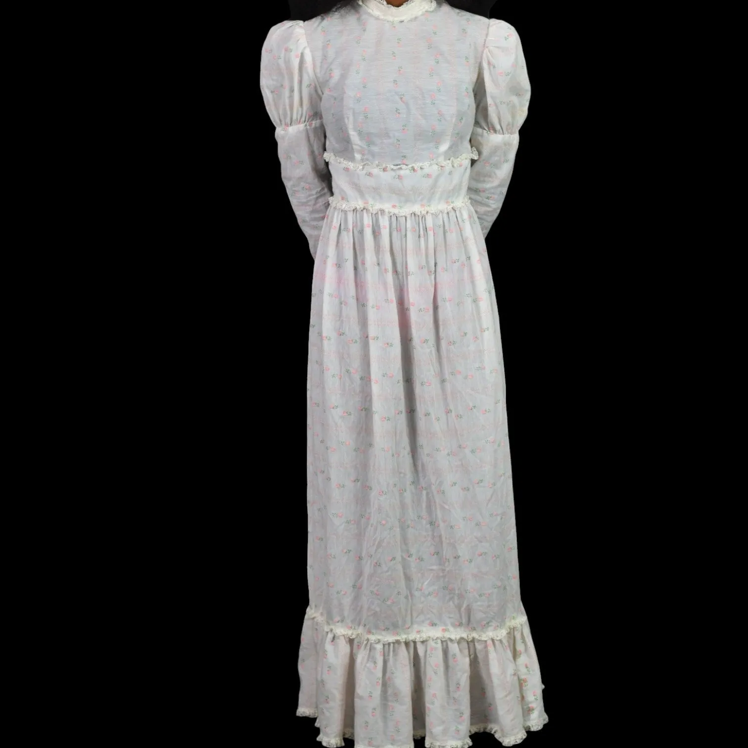 Vintage Vicky Vaughn Prairie Dress White Maxi Pastel Print High Collar Embroidered Long Gigot Puff Sleeves Size XXS