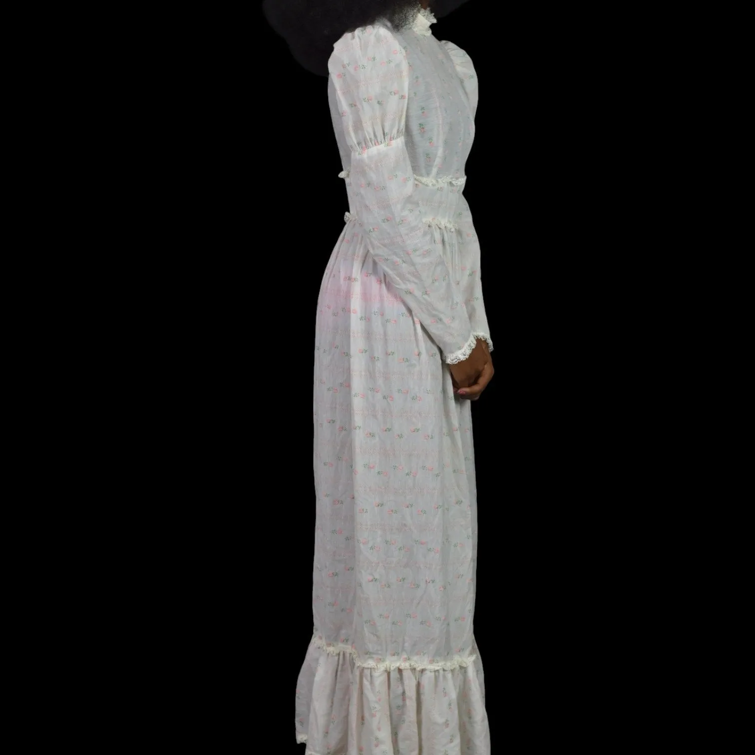 Vintage Vicky Vaughn Prairie Dress White Maxi Pastel Print High Collar Embroidered Long Gigot Puff Sleeves Size XXS