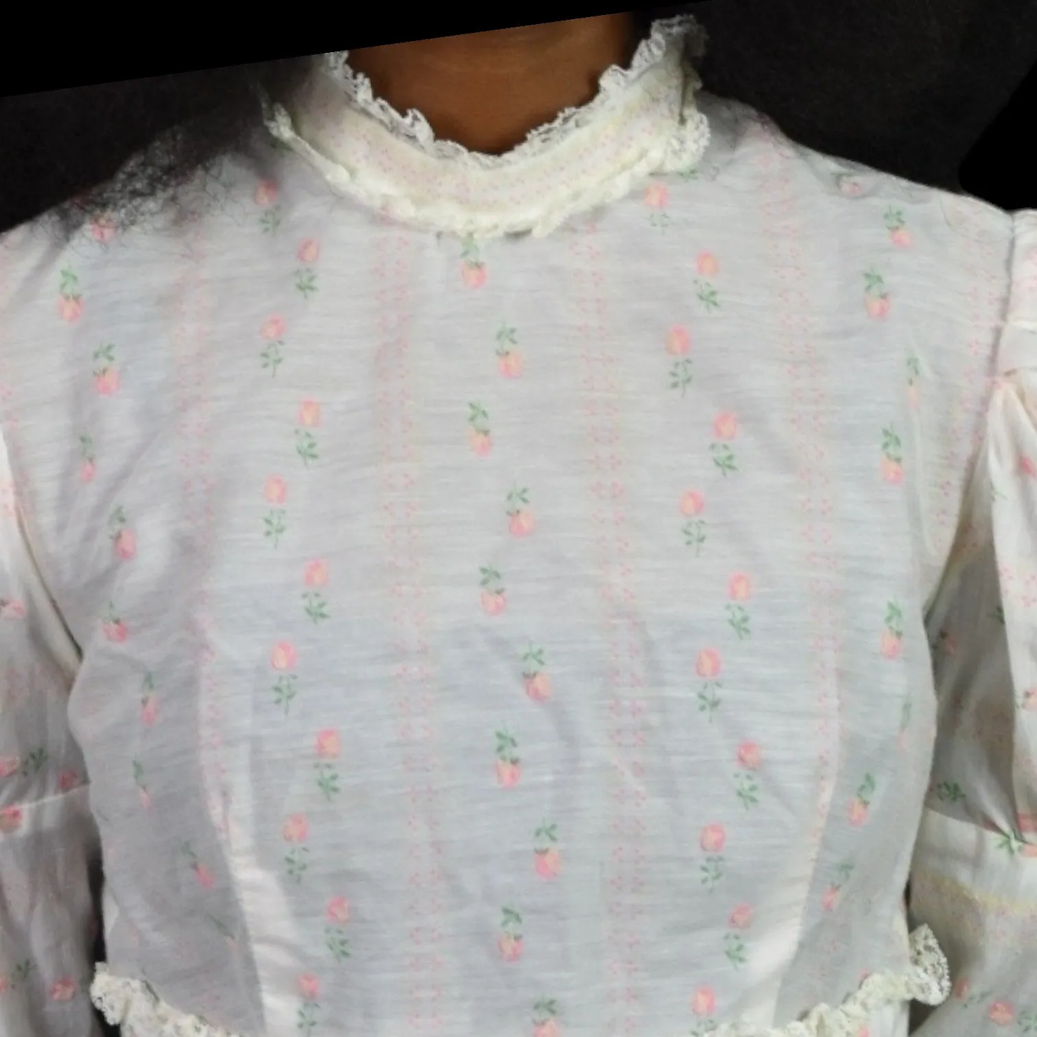 Vintage Vicky Vaughn Prairie Dress White Maxi Pastel Print High Collar Embroidered Long Gigot Puff Sleeves Size XXS