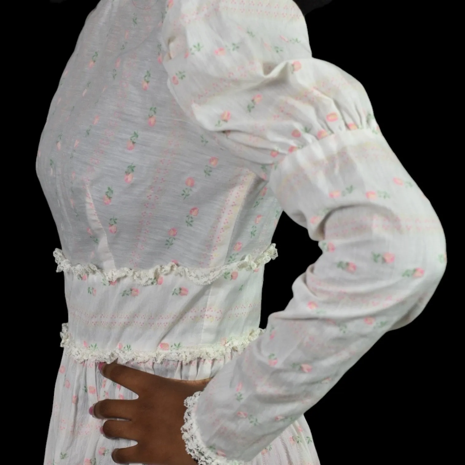Vintage Vicky Vaughn Prairie Dress White Maxi Pastel Print High Collar Embroidered Long Gigot Puff Sleeves Size XXS