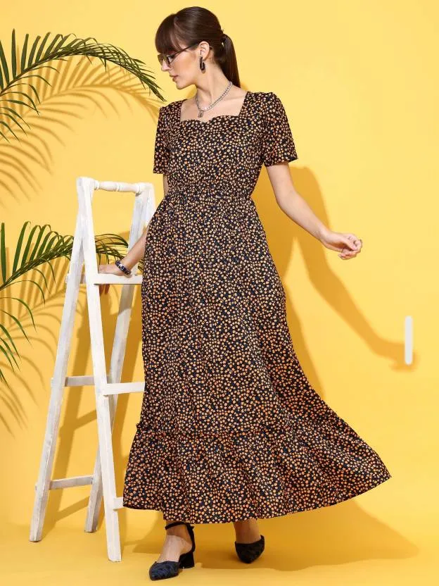 Vivid Blossom Brown Maxi Dress