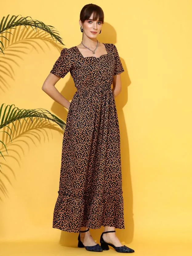 Vivid Blossom Brown Maxi Dress