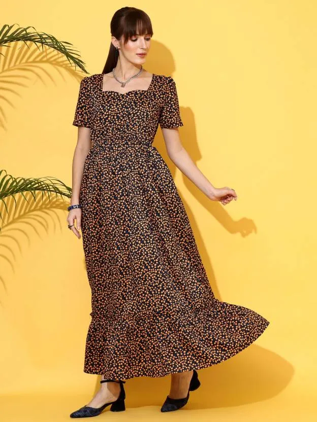 Vivid Blossom Brown Maxi Dress