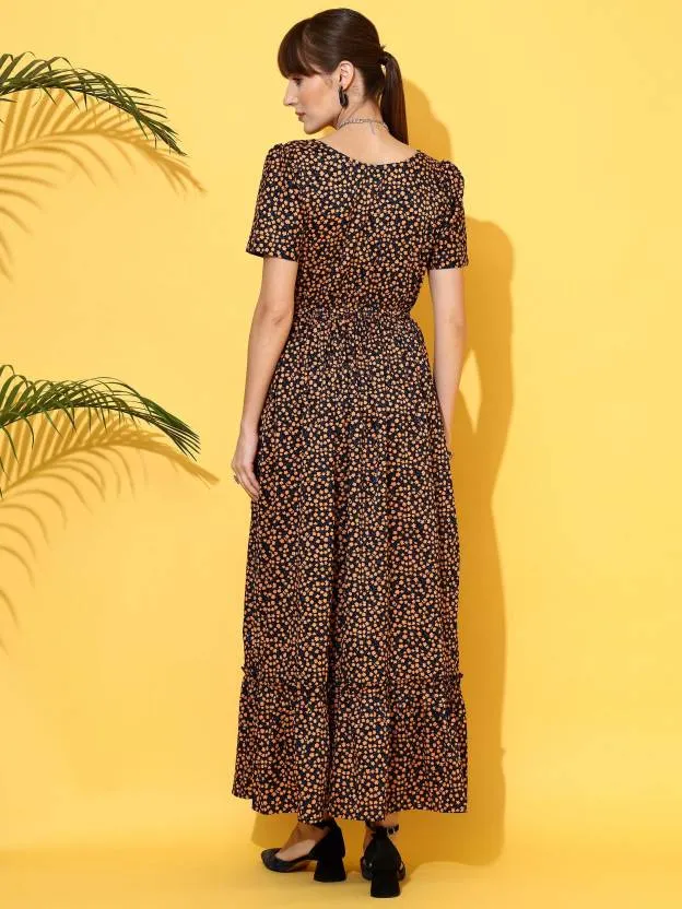 Vivid Blossom Brown Maxi Dress