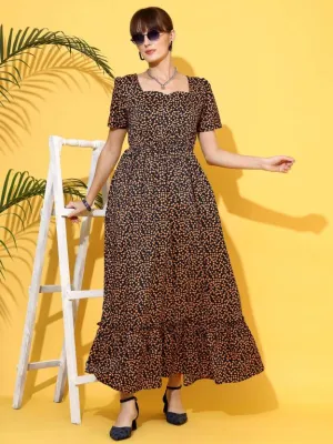 Vivid Blossom Brown Maxi Dress