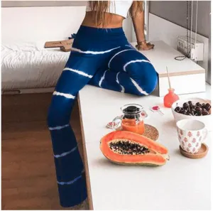 Women Europe Dye Striped Flare Leg Pants High Waist Stretchable Casual Long Pants